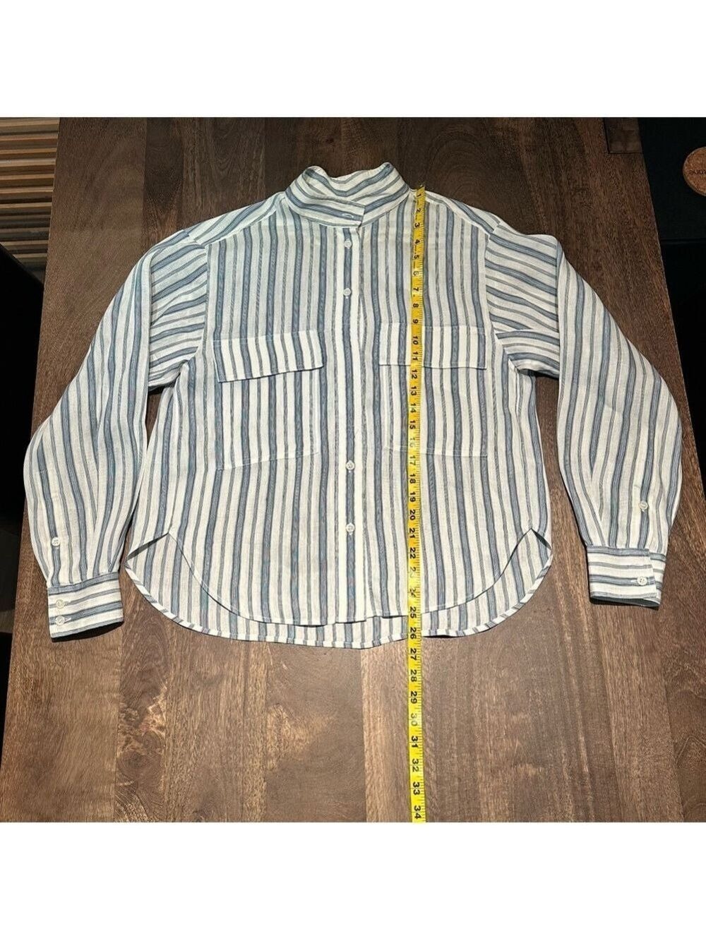 FRAME Stand-Collar Striped Linen-blend Shirt In Blue Size Small - Picture 8 of 11